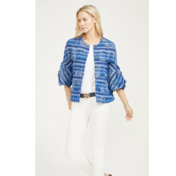 NWT J McLaughlin Linden Blue Striped Tweed Fringe Bell Sleeve Jacket Size L - Picture 2 of 10